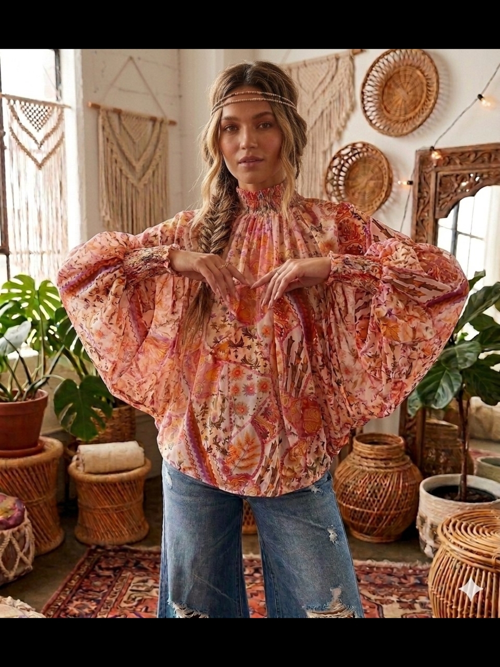 Bohemian Dolman Balloon Sleeve Smocked Neck Sheer Blouse - Picture 2 of 2